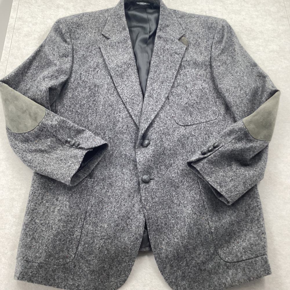 Brookleigh Mens 44R Grey Donegal Tweed Blazer Elbow Patches Made in USA